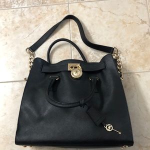 Michael Kors Black Leather Tote with Gold Hardware